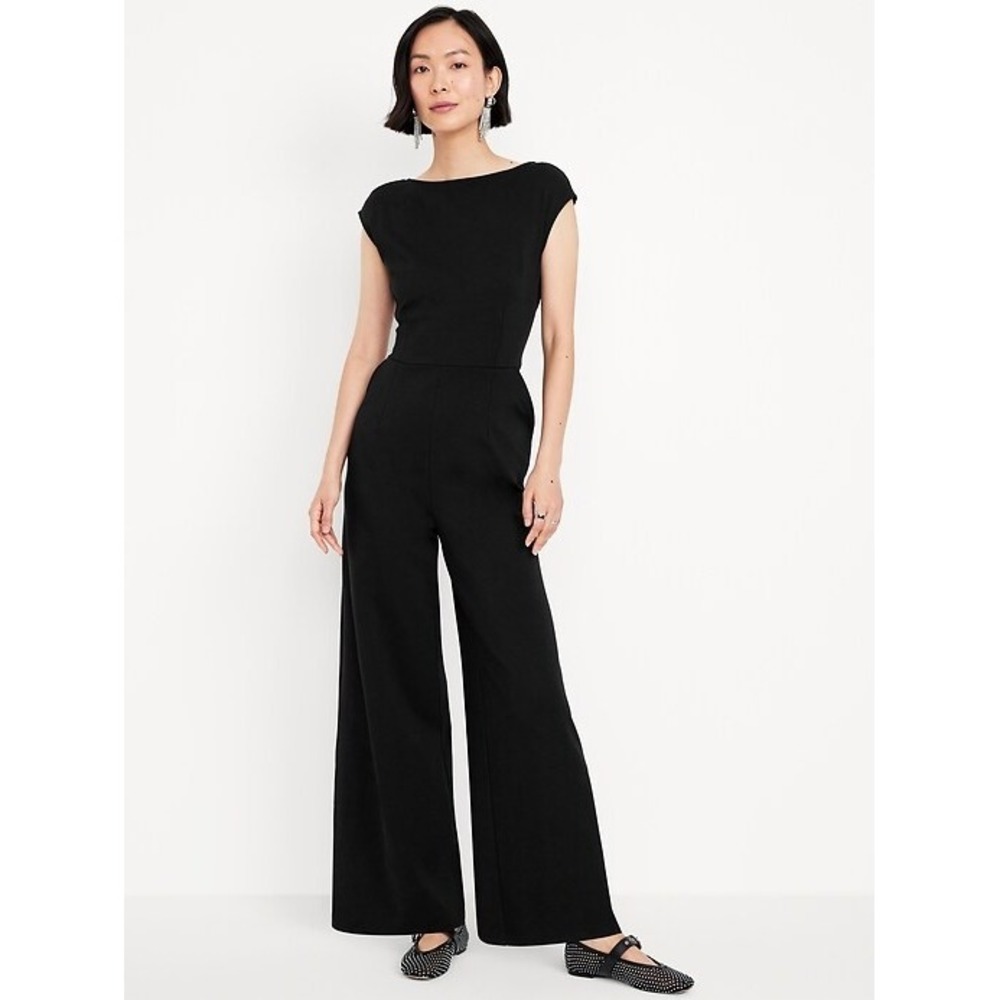 Old Navy Jumpsuit Women S Black Wide-Leg V-Back Sleeveless Boat Neck Pockets